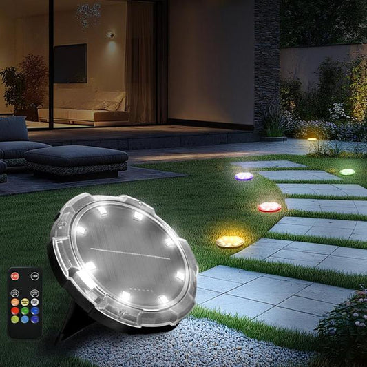 (10 قطع) أرضية LED تعمل بالطاقة الشمسية، 9 خيارات أوضاع إضاءة RGB متعددة، جهاز تحكم عن بعد متاح